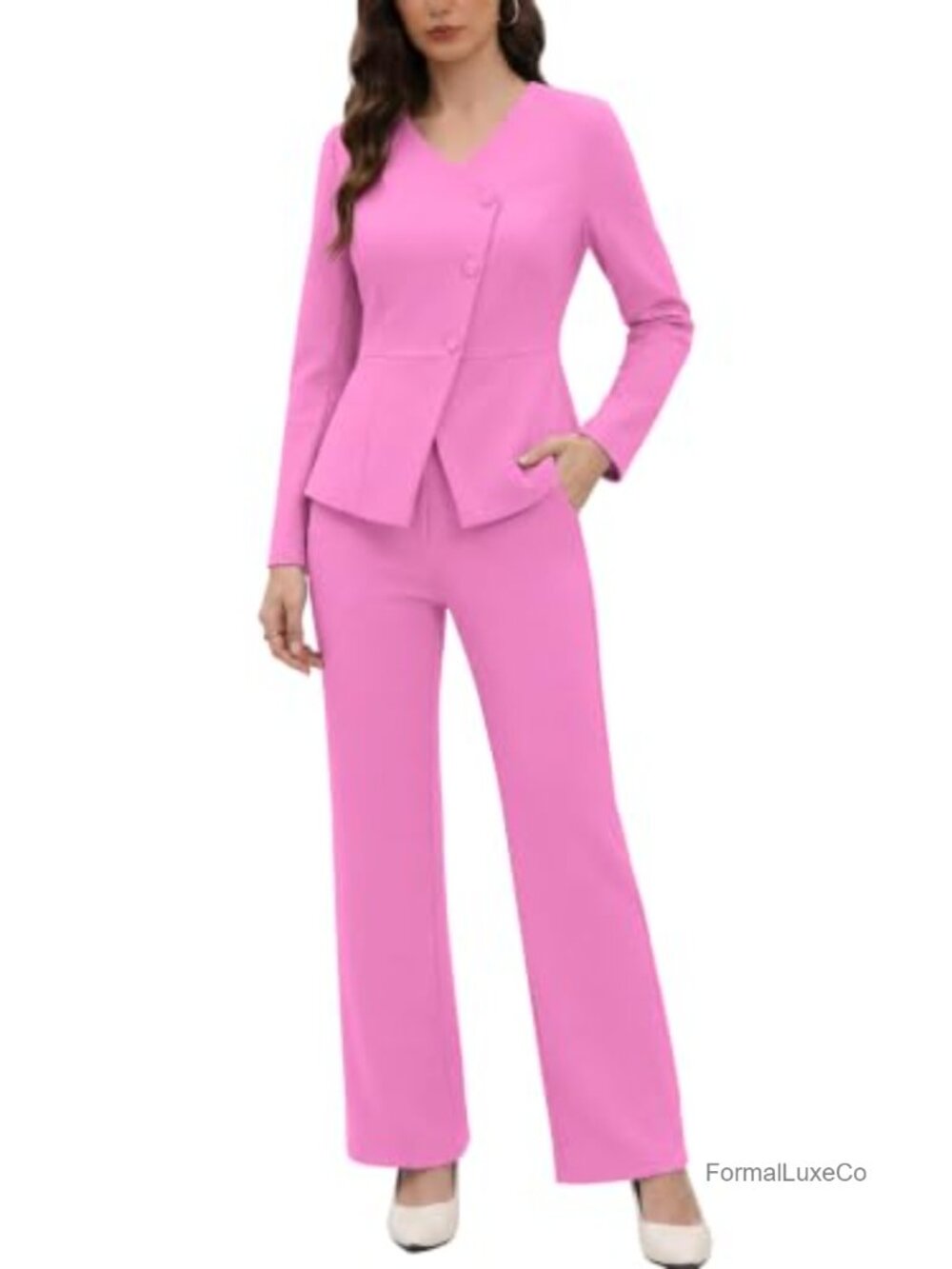 Women's Dressy 2-Piece Pantsuit Asymmetrical Peplum Blazer Straight Leg Pants